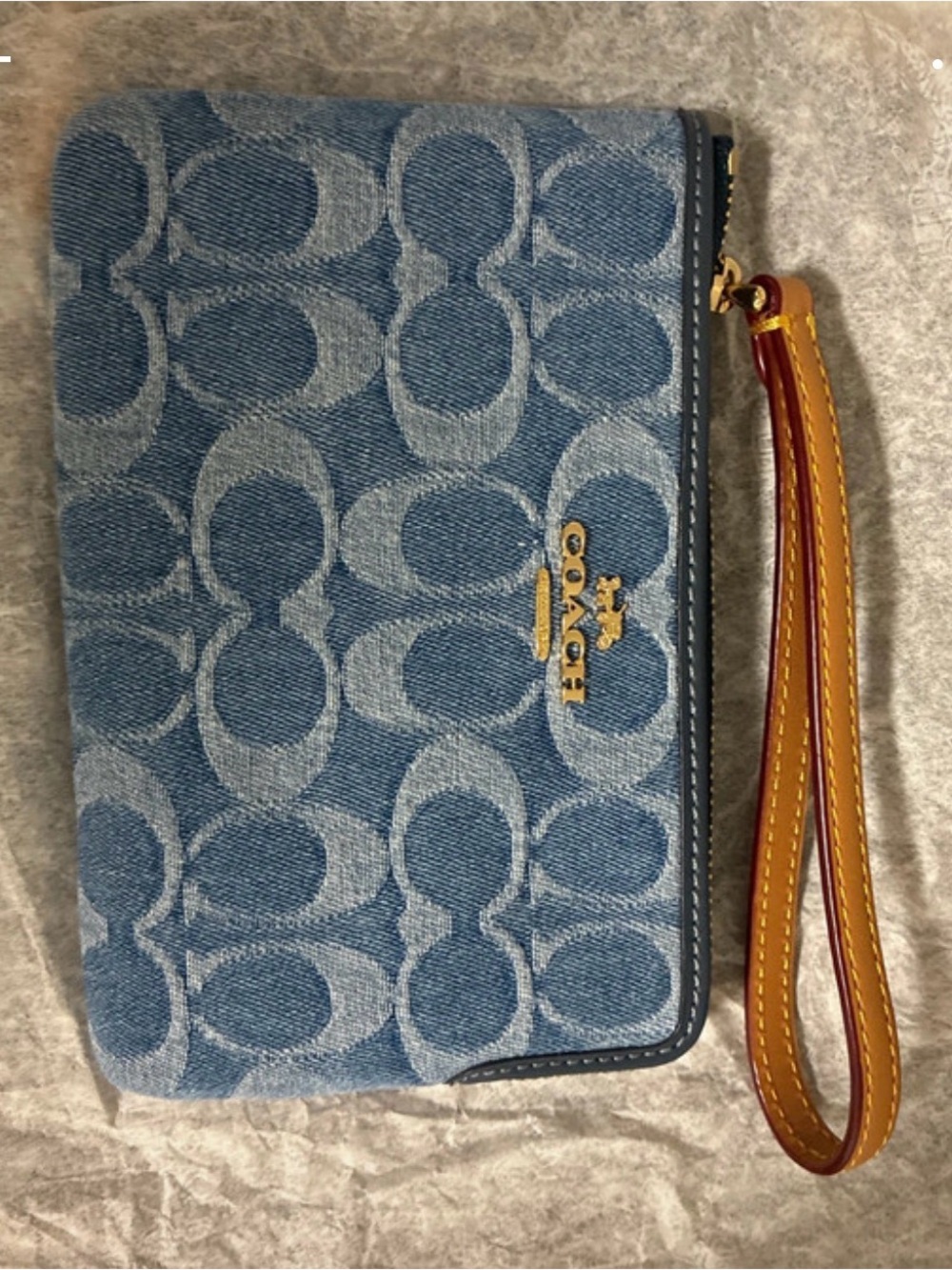 Coach Denim Signature Wristlet Clutch in Blue with Tan Strap